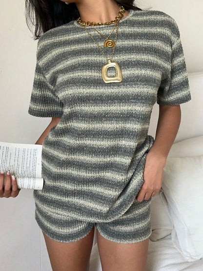 Striped Knit 2 Piece Lounge Set Women Short Sleeve Shorts