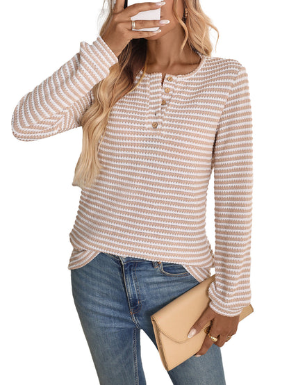 Striped waffle knit Henley top relaxed long sleeve