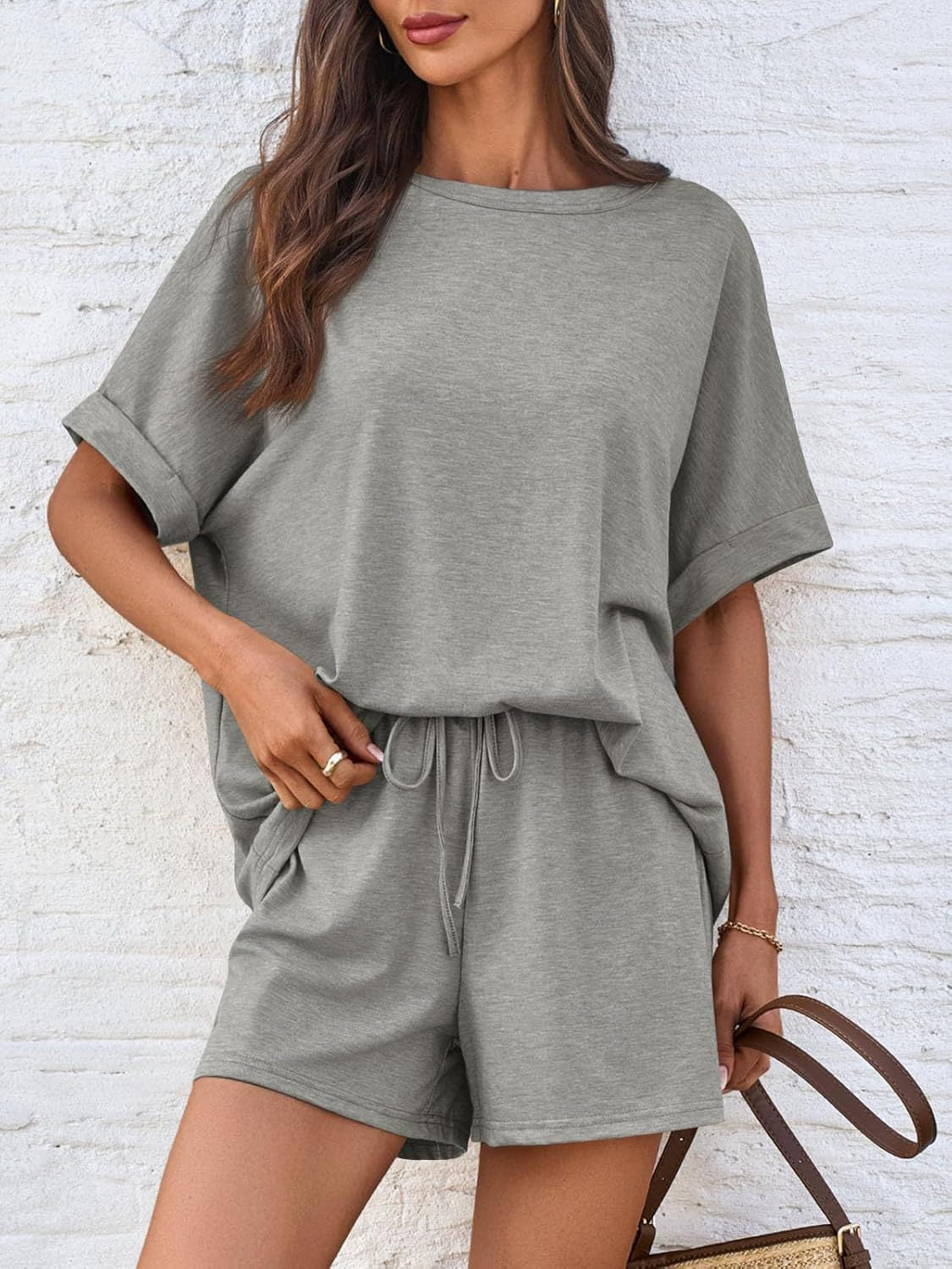 Batwing Sleeve Tee and Drawstring Shorts Lounge Set