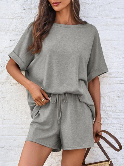 Batwing Sleeve Tee and Drawstring Shorts Lounge Set