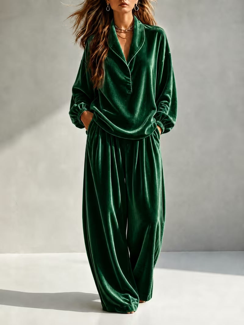 Women's Velvet Collared Lounge Set Wide Leg Pants