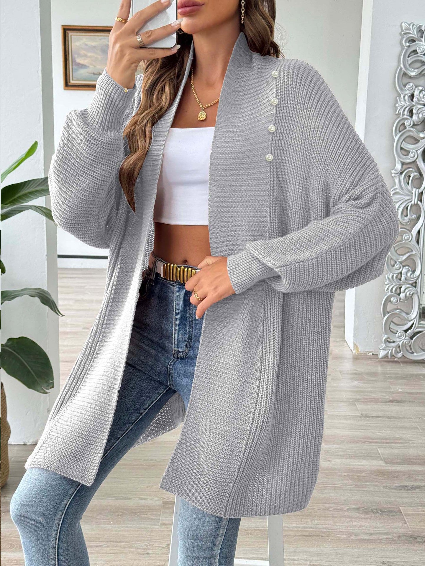 Women's Solid Color Loose Sweater Pearl Bead Women's Cardigan Jacket