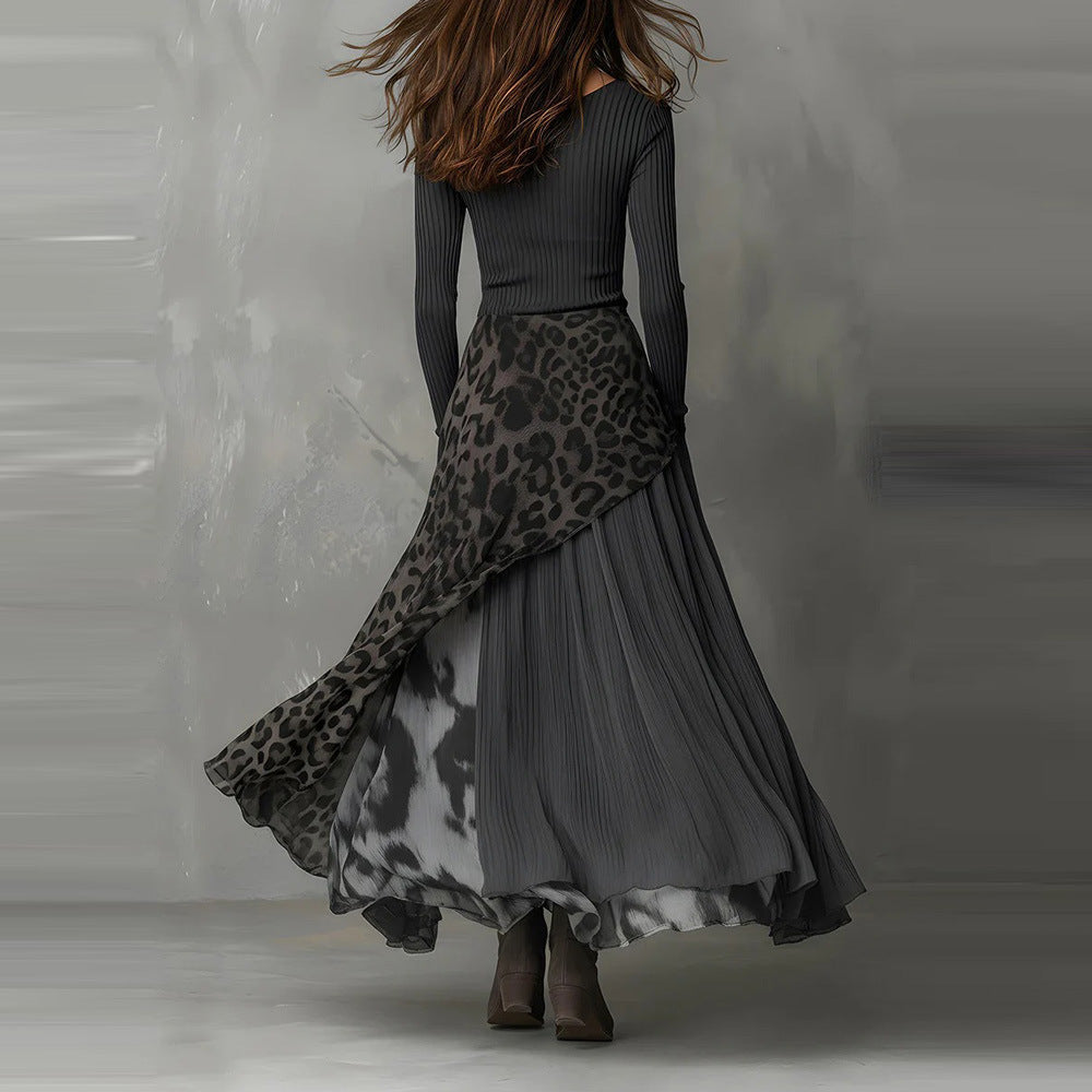 Leopard Print Maxi Dress Long Sleeve Asymmetrical Flowy