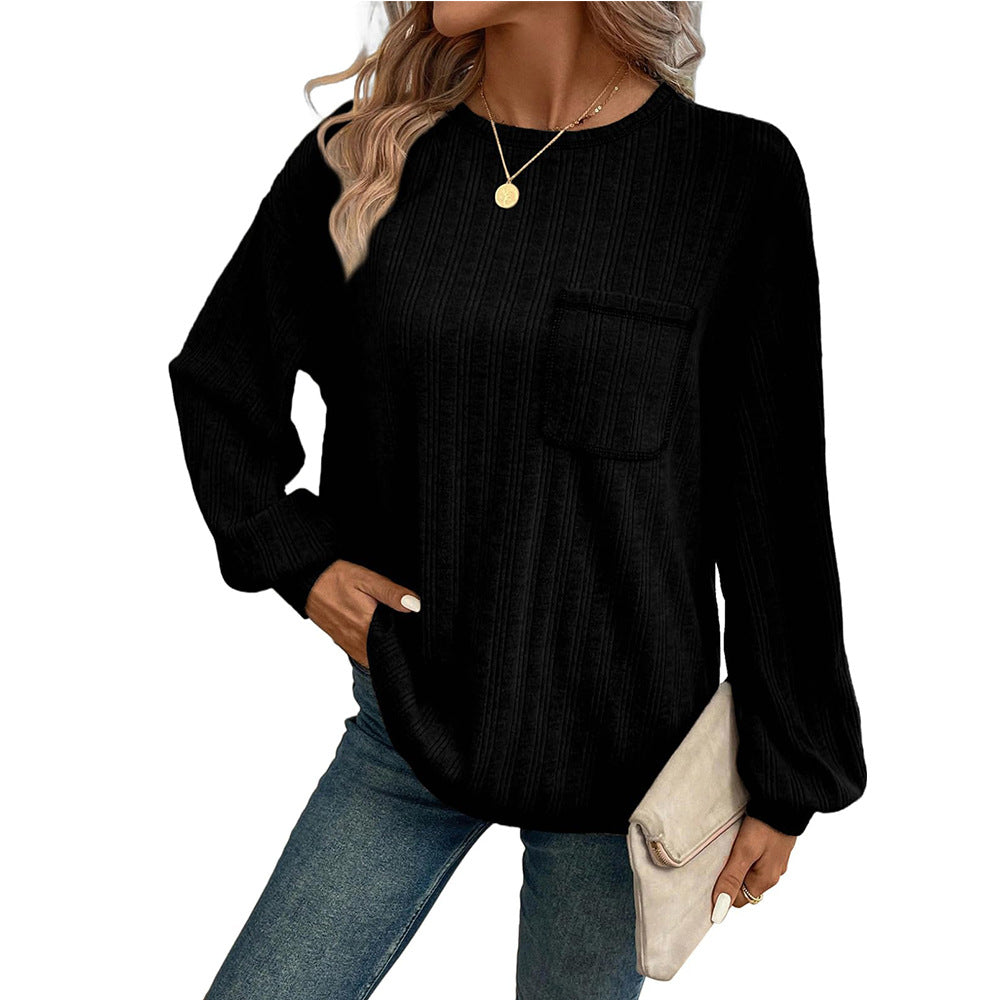 Solid Color Ribbed Brushed Long Sleeve Pocket Casual Tee