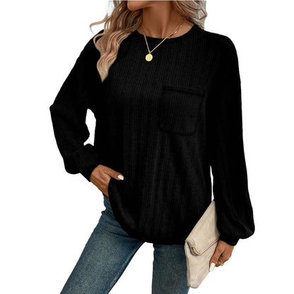 Solid Color Ribbed Brushed Long Sleeve Pocket Casual Tee