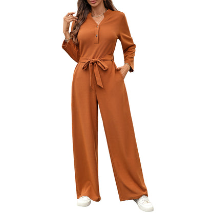 Women's Belted Button Front Long Sleeve Wide Leg Jumpsuit