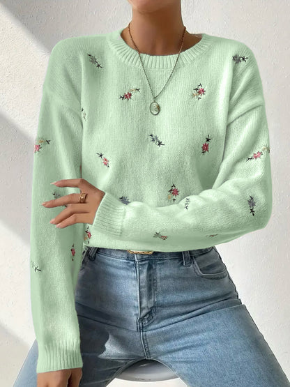 Women's Floral Embroidered Crew Neck Knit Sweater