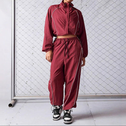 Women's Contrast Drawstring Two Piece Wide Leg Pants Set