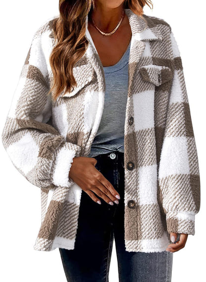 Women's Oversized Plaid Sherpa Shacket Jacket Pockets