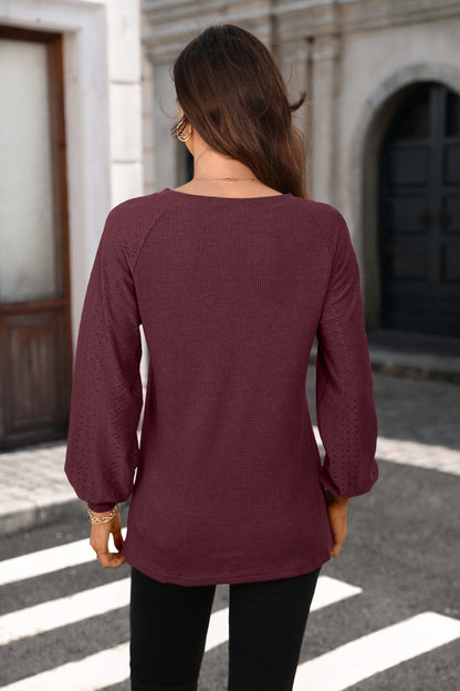Solid Waffle Knit Top Lace Sleeve Crewneck Tee
