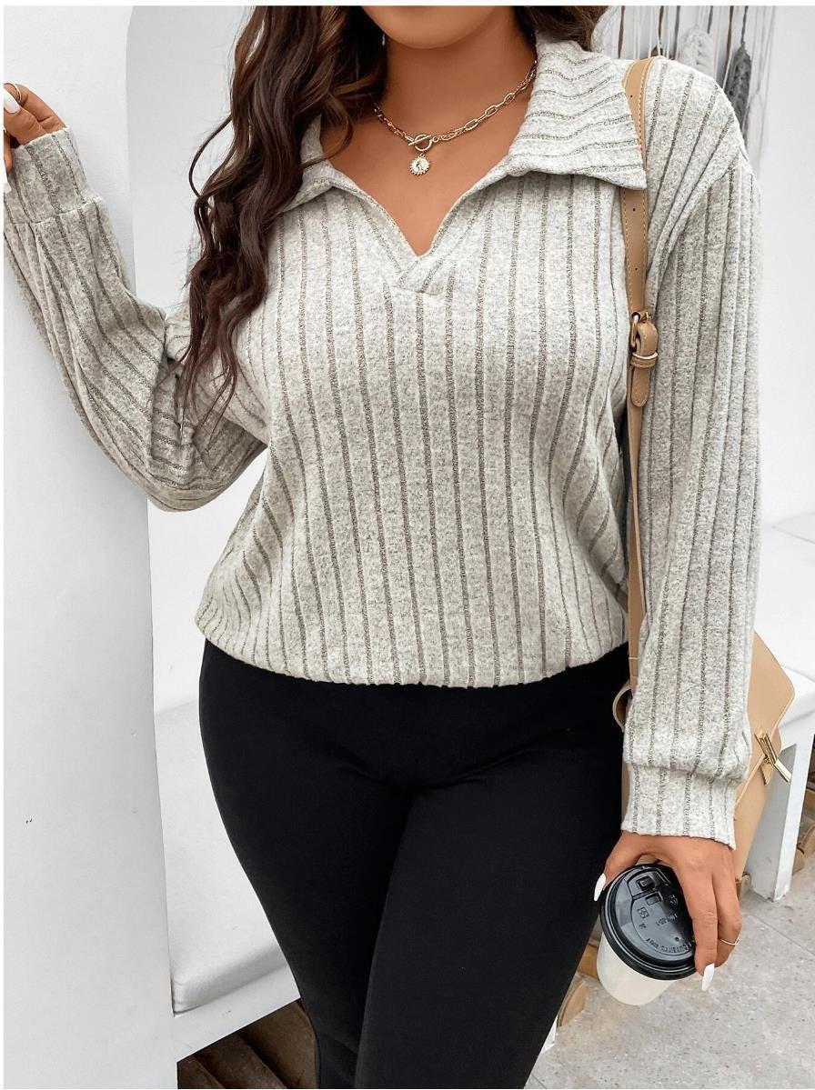 Plus Size Ribbed Long Sleeve Collared V-Neck Tunic Top