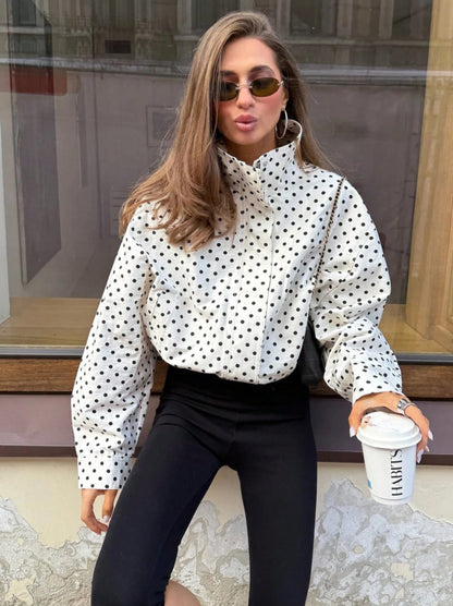 Women Polka Dot Zip Jacket Stand Collar Long Sleeve Pockets