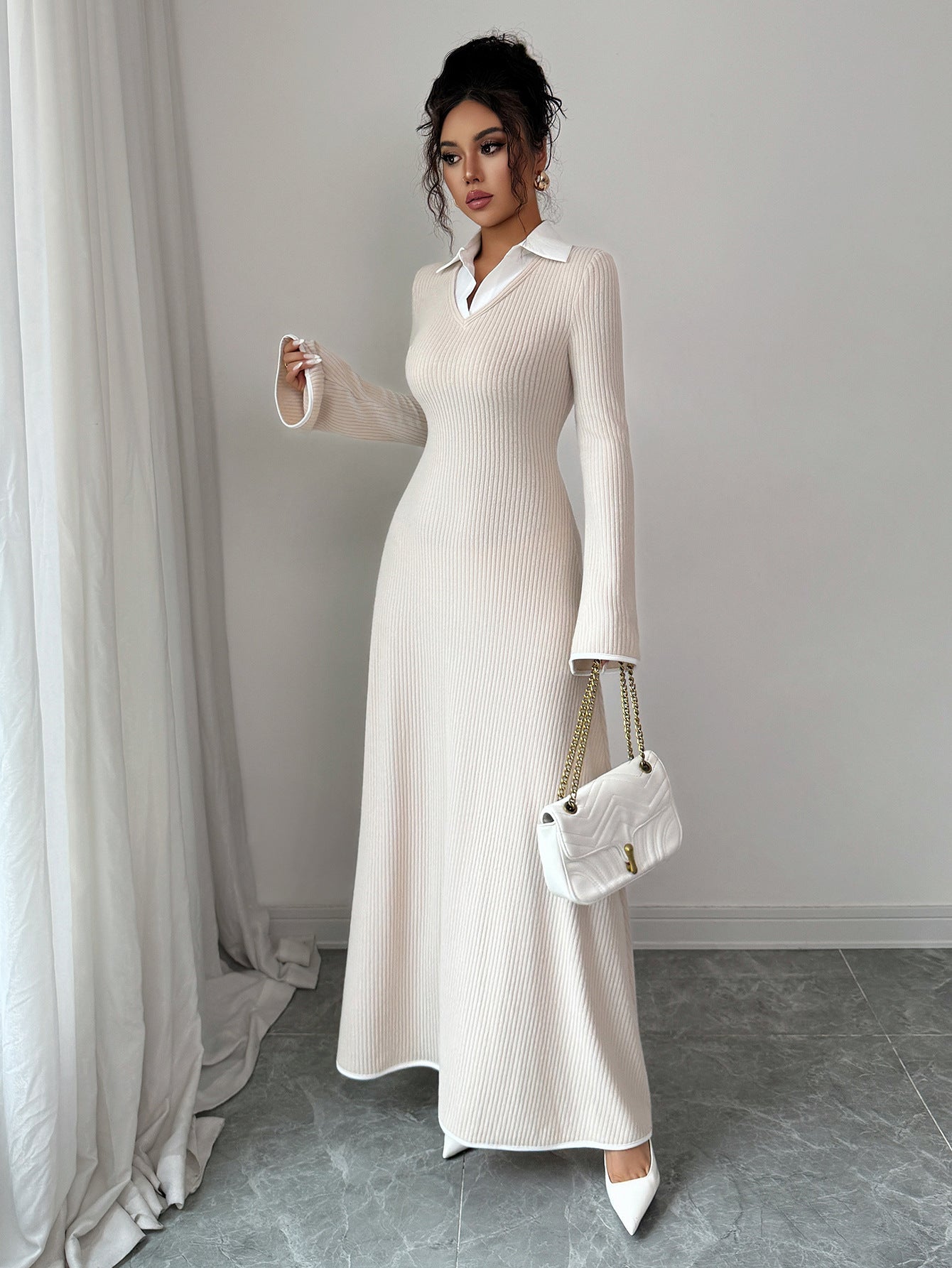 Ribbed Long Sleeve Collared Maxi Dress