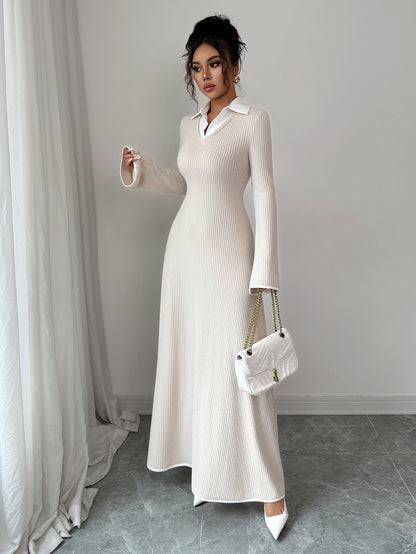 Ribbed Long Sleeve Collared Maxi Dress