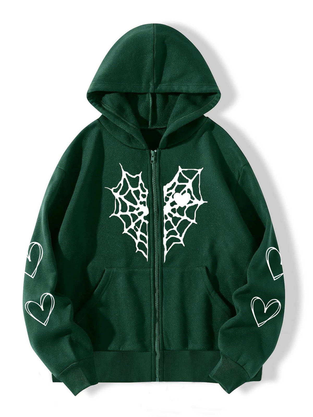 Women's Gothic Spider Web Heart Print Zip Up Hoodie