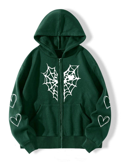 Women's Gothic Spider Web Heart Print Zip Up Hoodie