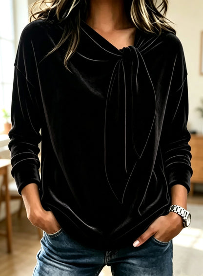 Women's Velvet Bow Neck Long Sleeve Top