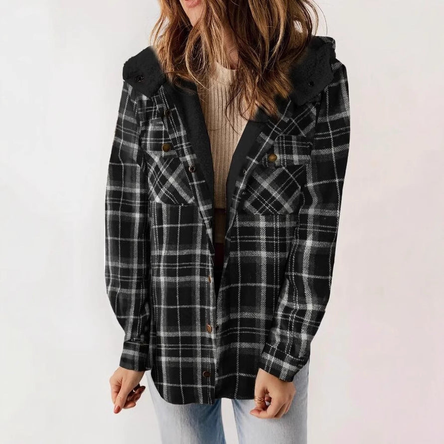 Women's Plaid Fleece Hooded Shacket with Pockets