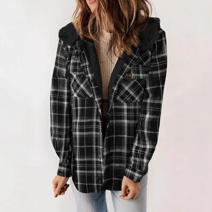 Women's Plaid Fleece Hooded Shacket with Pockets