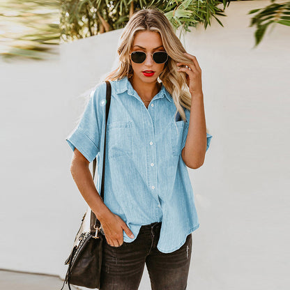 Loose Fit Denim Shirt Women Collared Short Sleeve Top