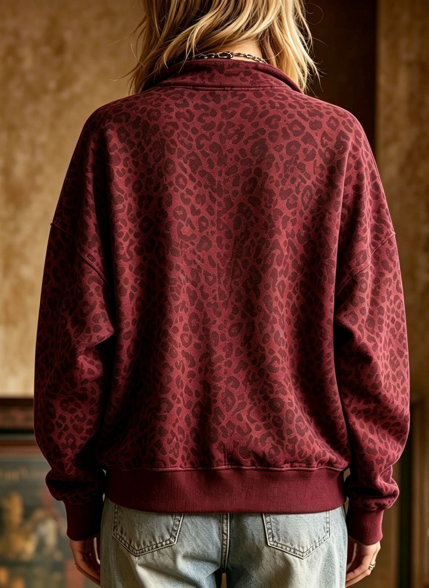 Leopard Print Half Zip Oversized Pullover Sweatshirt