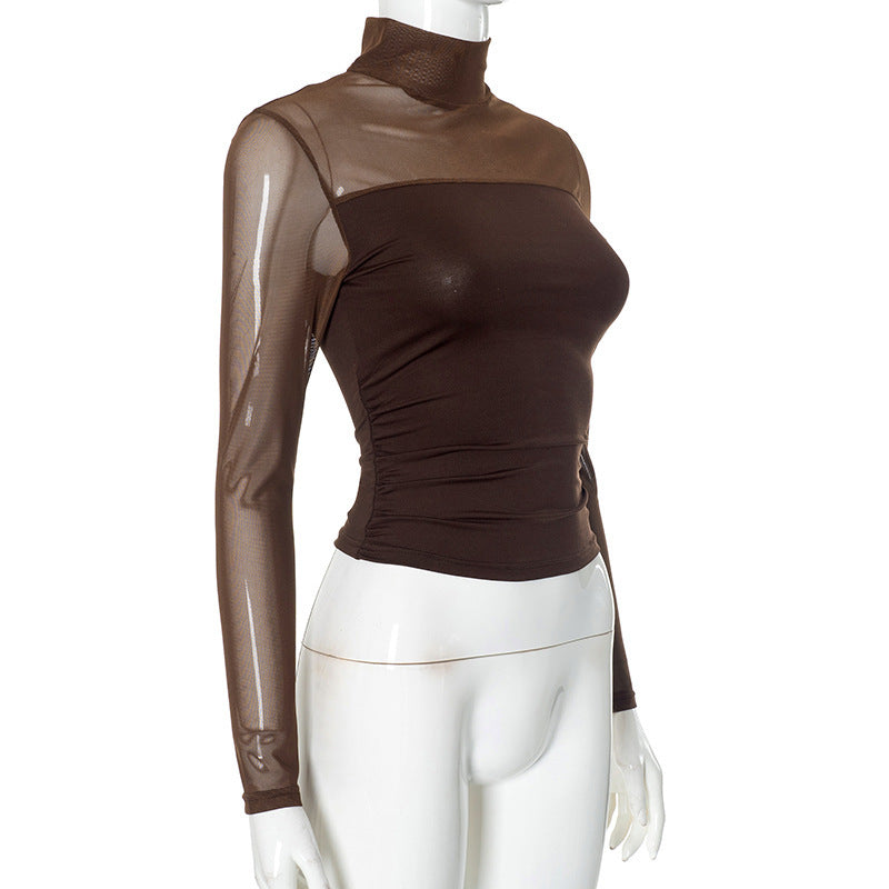 Sexy Sheer Mesh Mock Neck Long Sleeve Crop Top