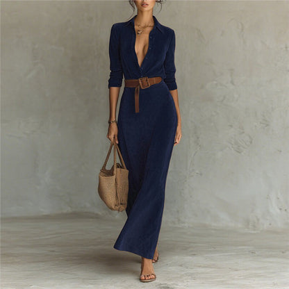 Faux Suede Belted Maxi Shirt Dress Long Sleeve