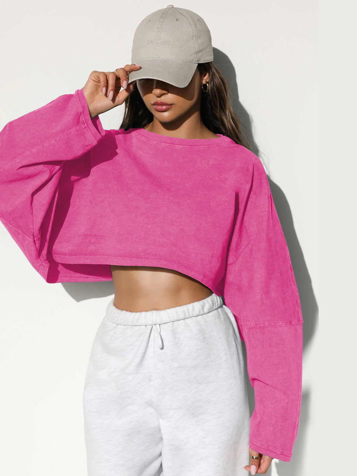 Women's Long Sleeve Oversized Cropped Crew Neck Sweatshirt