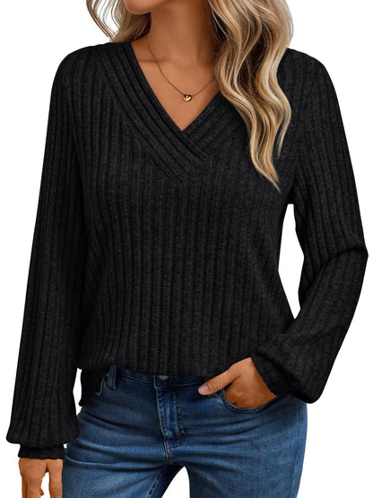 Textured Rib Knit V-Neck Pullover Long Sleeve Top