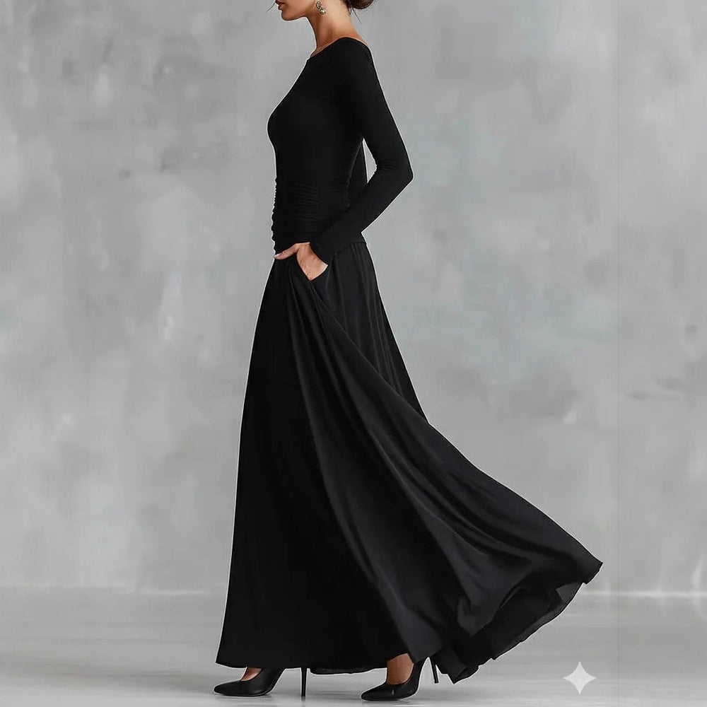 Boat Neck Ruched Long Sleeve Flowy Maxi Dress
