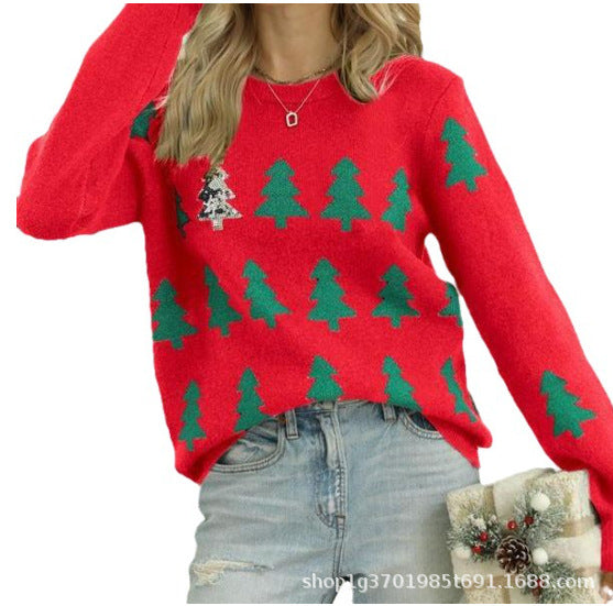 Women's Sequin Christmas Tree Crew Neck Knit Sweater