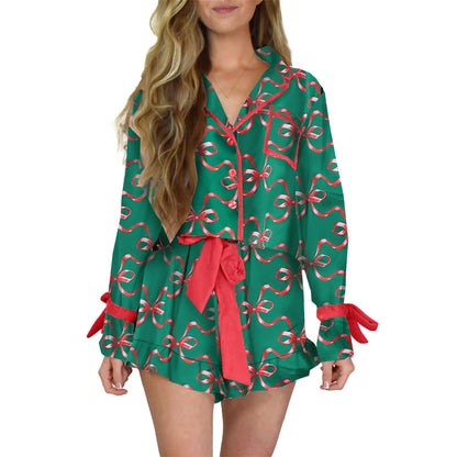 Women's Printed Satin Pajama Shorts Set Long Sleeve