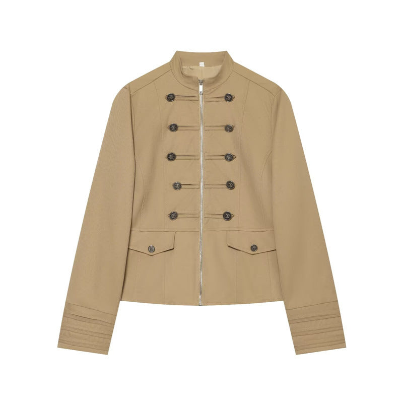 Women's Stand Collar Button Detail Cropped Blazer