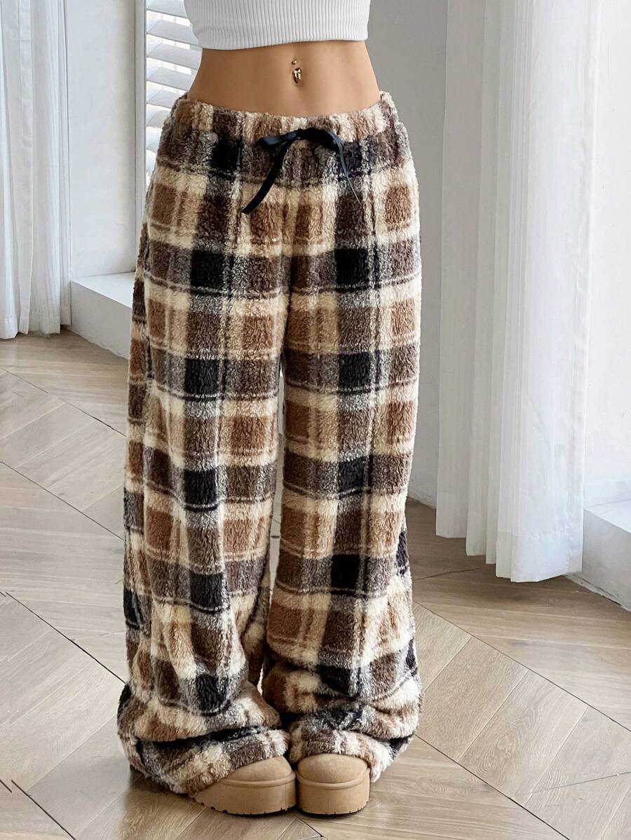 Women's Fuzzy Plaid Wide Leg Pants Drawstring Elastic Waist