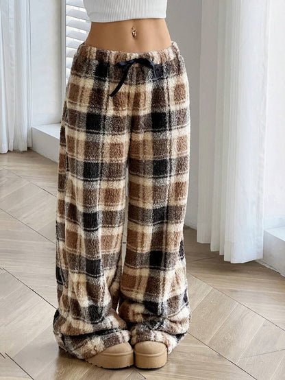 Women's Fuzzy Plaid Wide Leg Pants Drawstring Elastic Waist