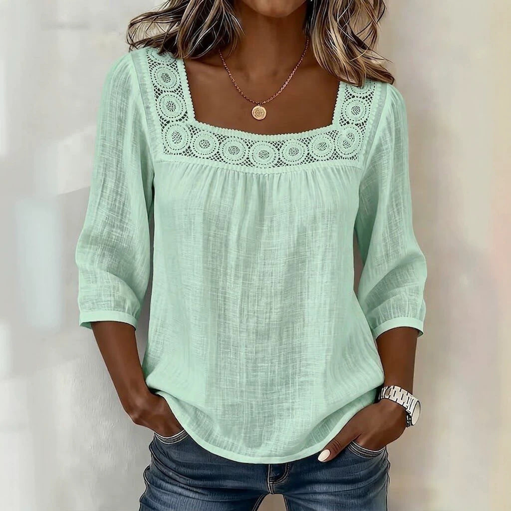 Women's Square Neck Crochet Lace 3/4 Sleeve Blouse