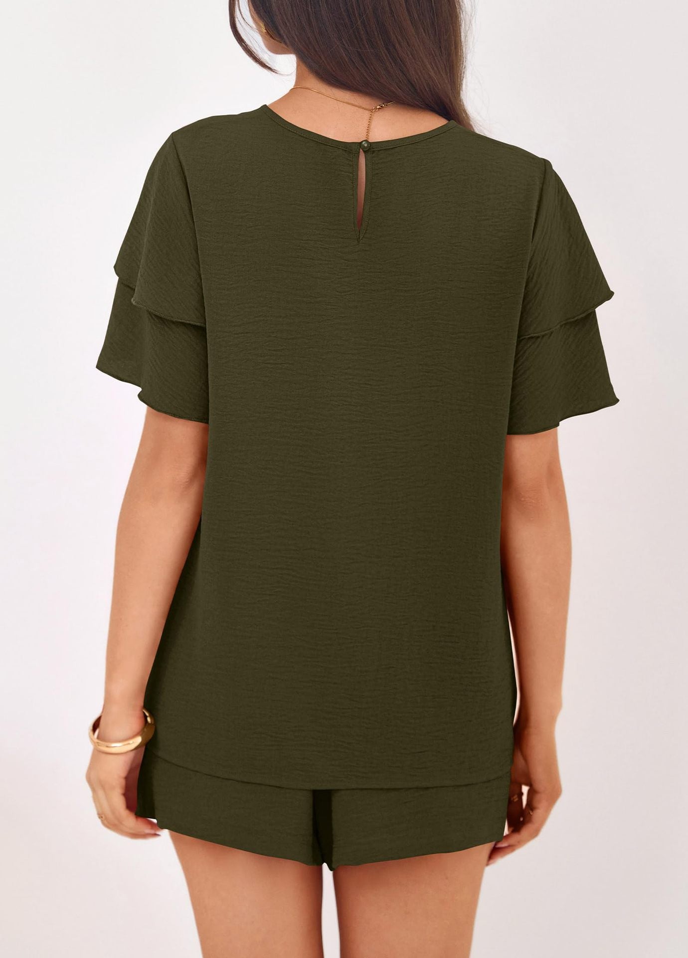 Solid Lounge Set Ruffle Sleeve Top Shorts 2 Piece Set