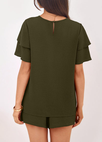 Solid Lounge Set Ruffle Sleeve Top Shorts 2 Piece Set