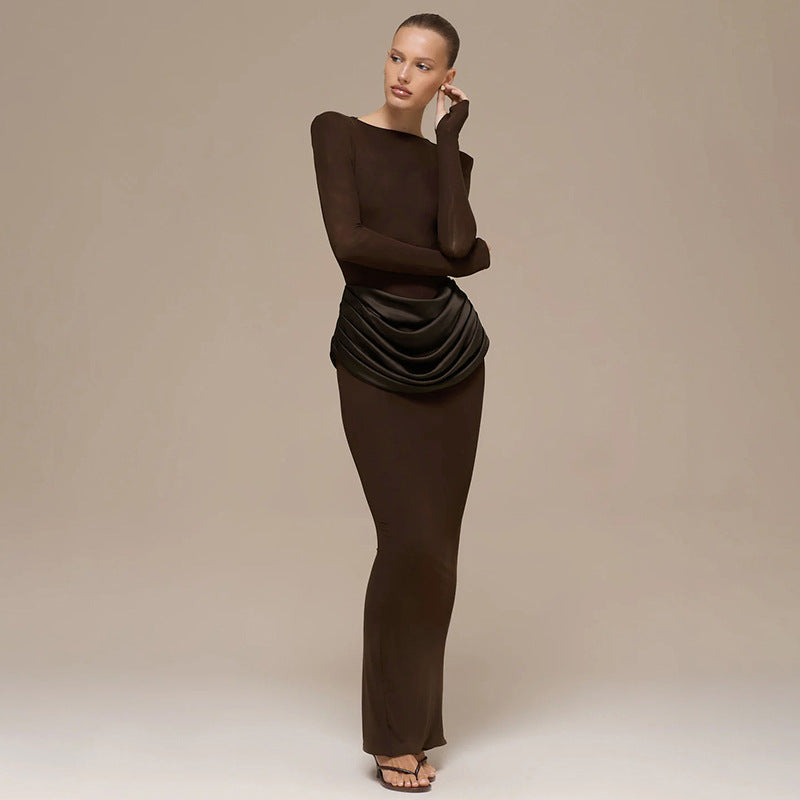 Women's Boat Neck Long Sleeve Ruched Bodycon Maxi Dress