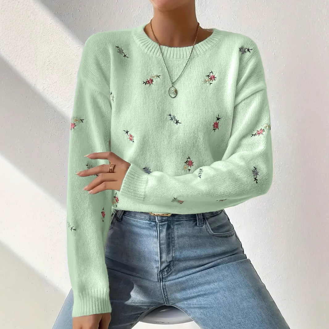 Women's Floral Embroidered Crew Neck Knit Sweater