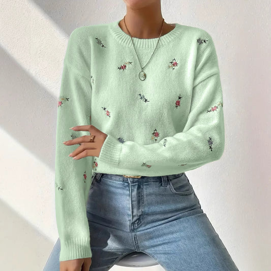 Women's Floral Embroidered Crew Neck Knit Sweater
