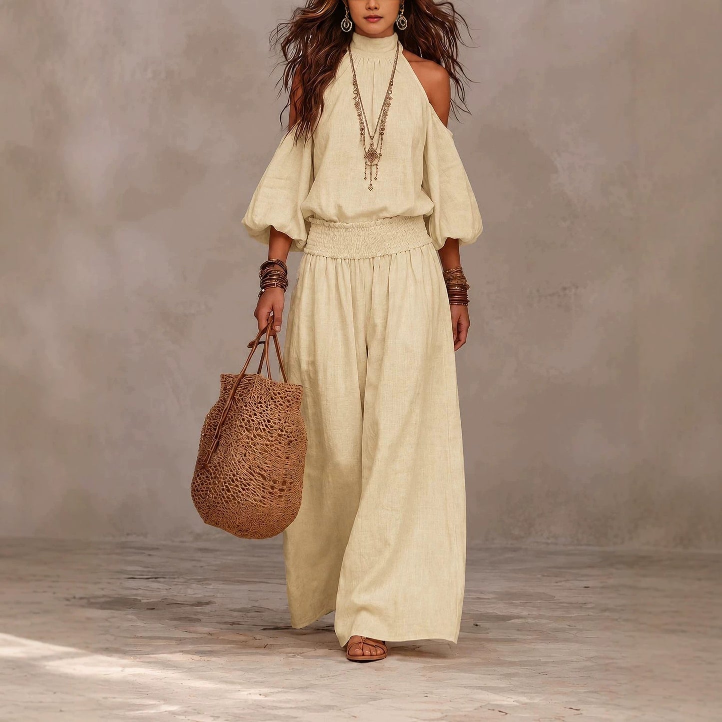 Women's Cold Shoulder Smocked Wide Leg Pants Two Piece Set