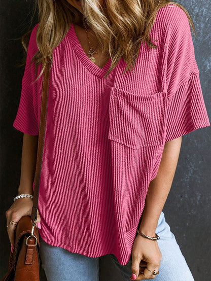 Women’s Ribbed V Neck Short Sleeve Pocket Tee