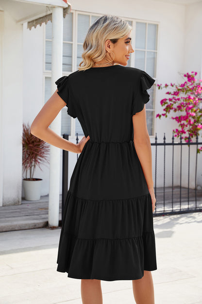 V-Neck Waist-Defined Short Sleeve Colorblock Dress