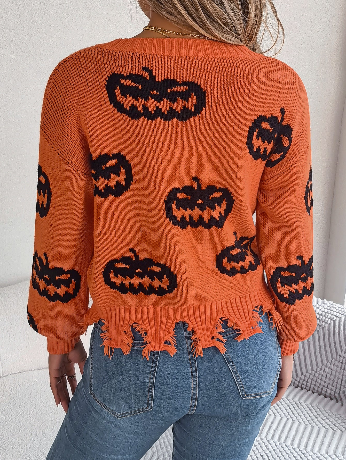 Halloween Pumpkin Knit Sweater with Frayed Hem