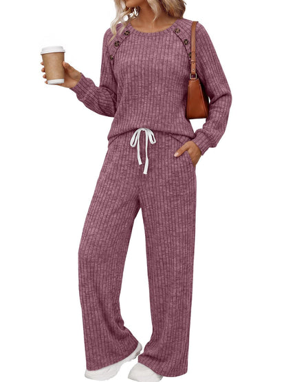 Womens Ribbed Knit 2 Piece Set Button Top Wide Leg Pants