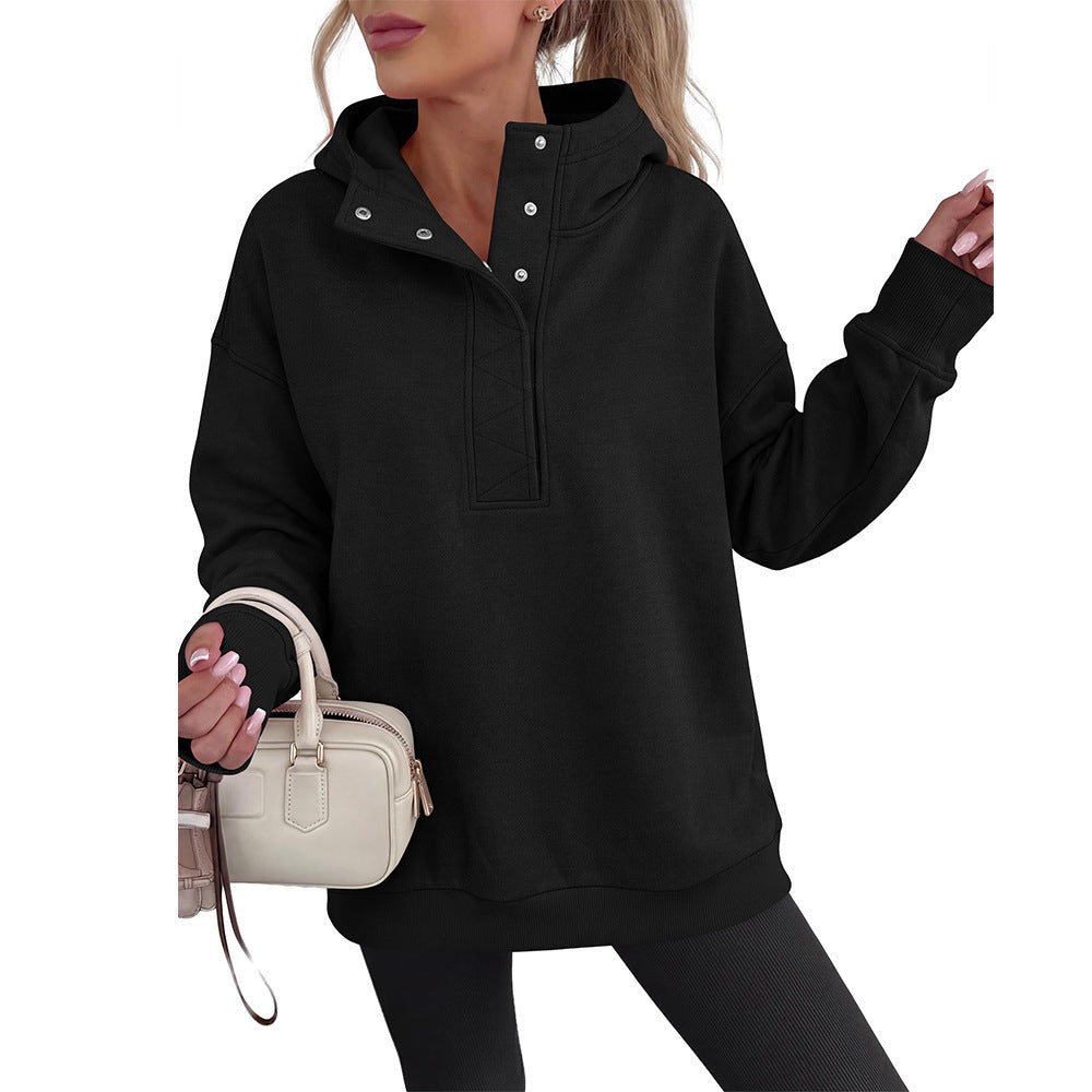 Snap Button Oversized Pullover Hoodie Sweatshirt