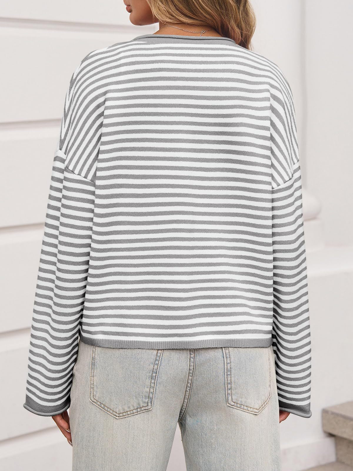 Brown White Striped Button Front Knit Cardigan Sweater
