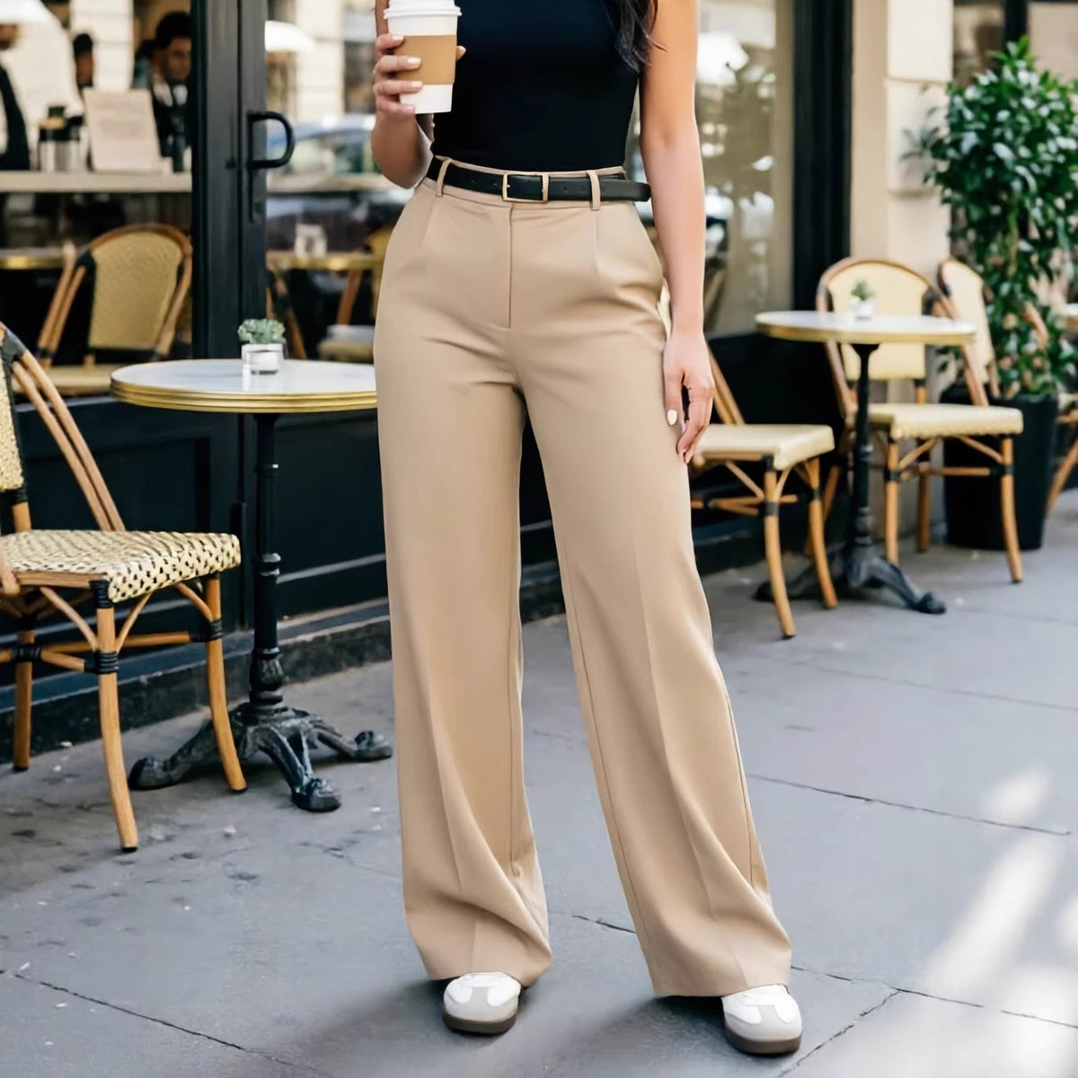 Women's Belted High Waist Wide Leg Dress Pants