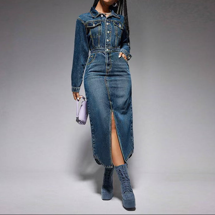 Vintage Denim Maxi Dress Long Sleeve Button Front Jean